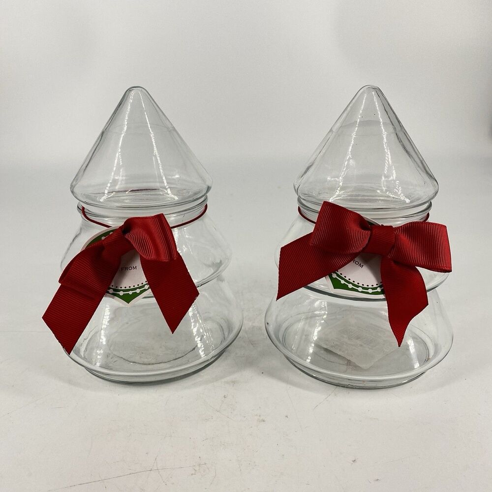 Set of 2 Glass Christmas Tree Jars Canisters w/ Lids Red Bows 6 1/2” Made USA
